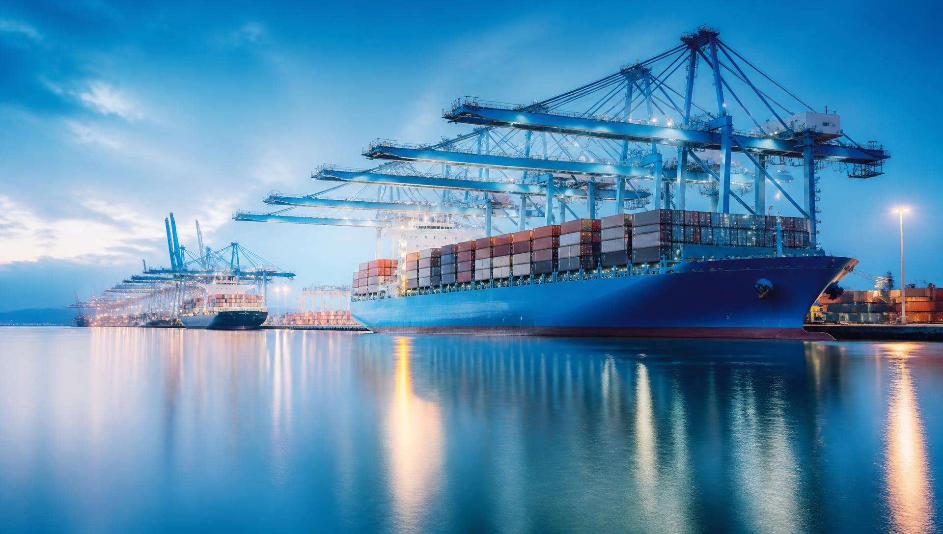 Terminal portuale internazionale con navi portacontainer e gru all'alba